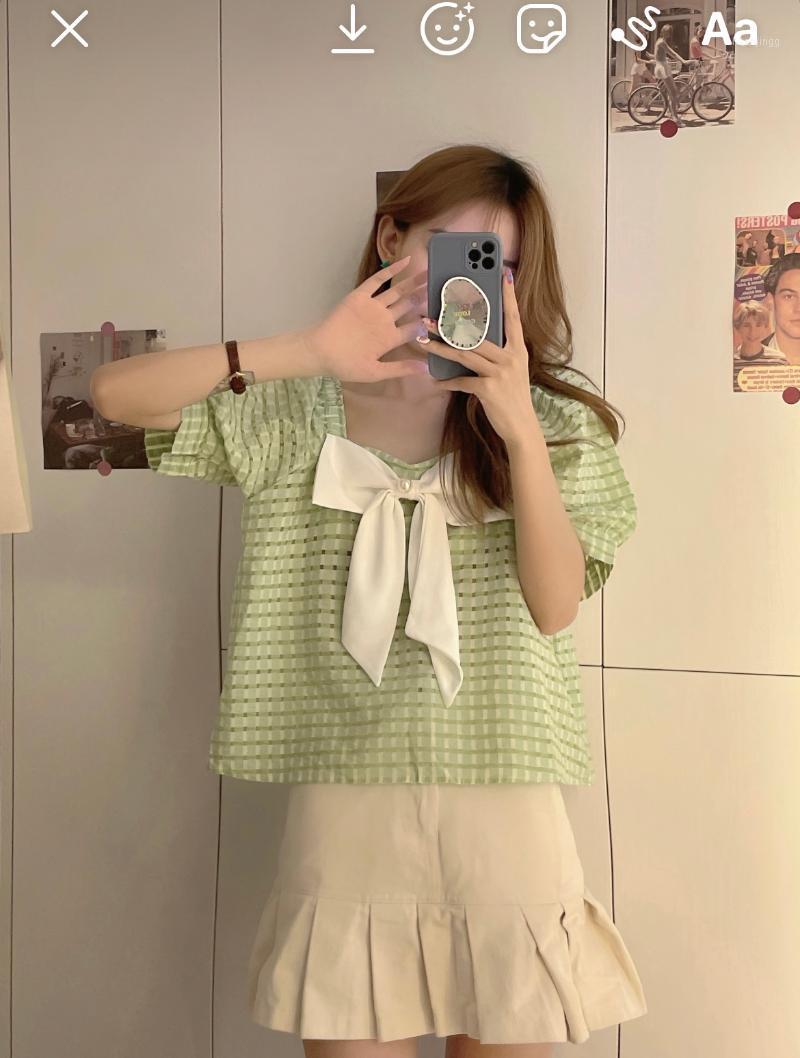 

Women's Blouses & Shirts Summer Thin Square Collar Bow Korean Style Short-sleeved Loose Plaid Shirt Women, Green