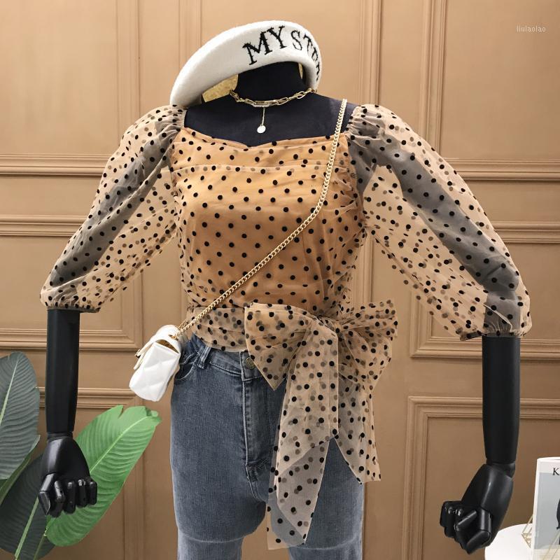 

Sexy Blouse Women 2022 Spring And Summer Women' Polka Dot Waist Bow Tie Slim Tops Blusas Femme Blouses & Shirts, As picture
