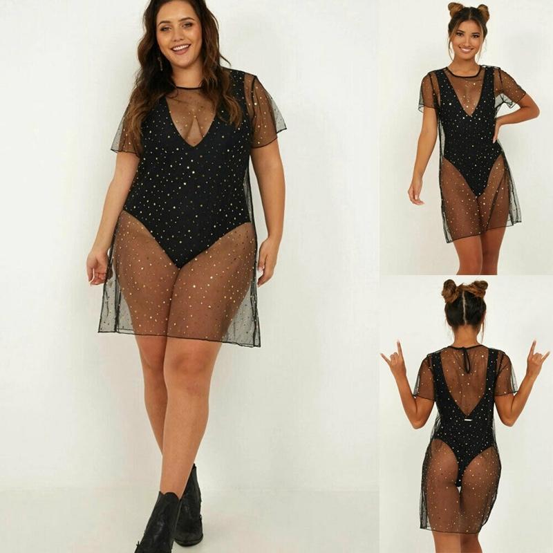 

Women' Blouses & Shirts Sexy Women Bling See Through Blouse Shirt Swimwear Cover Up Sequined Mesh Dress Bikini Swimsuit Beach, As pic