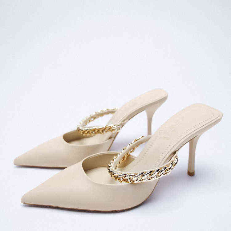 

Summer Sandals Slippers Design Sense Niche Pointed High Heels Mary Jane Women Shoes New Chain Thin Heeled Sandals 220407, Black