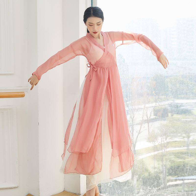 

Stage Wear Adult 2 Layers Elegant Chiffon Belly Dance Side Tie Top Transparent Long Cardigan Shirt Hanfu Costume For Women Dancing ClothesSt, White