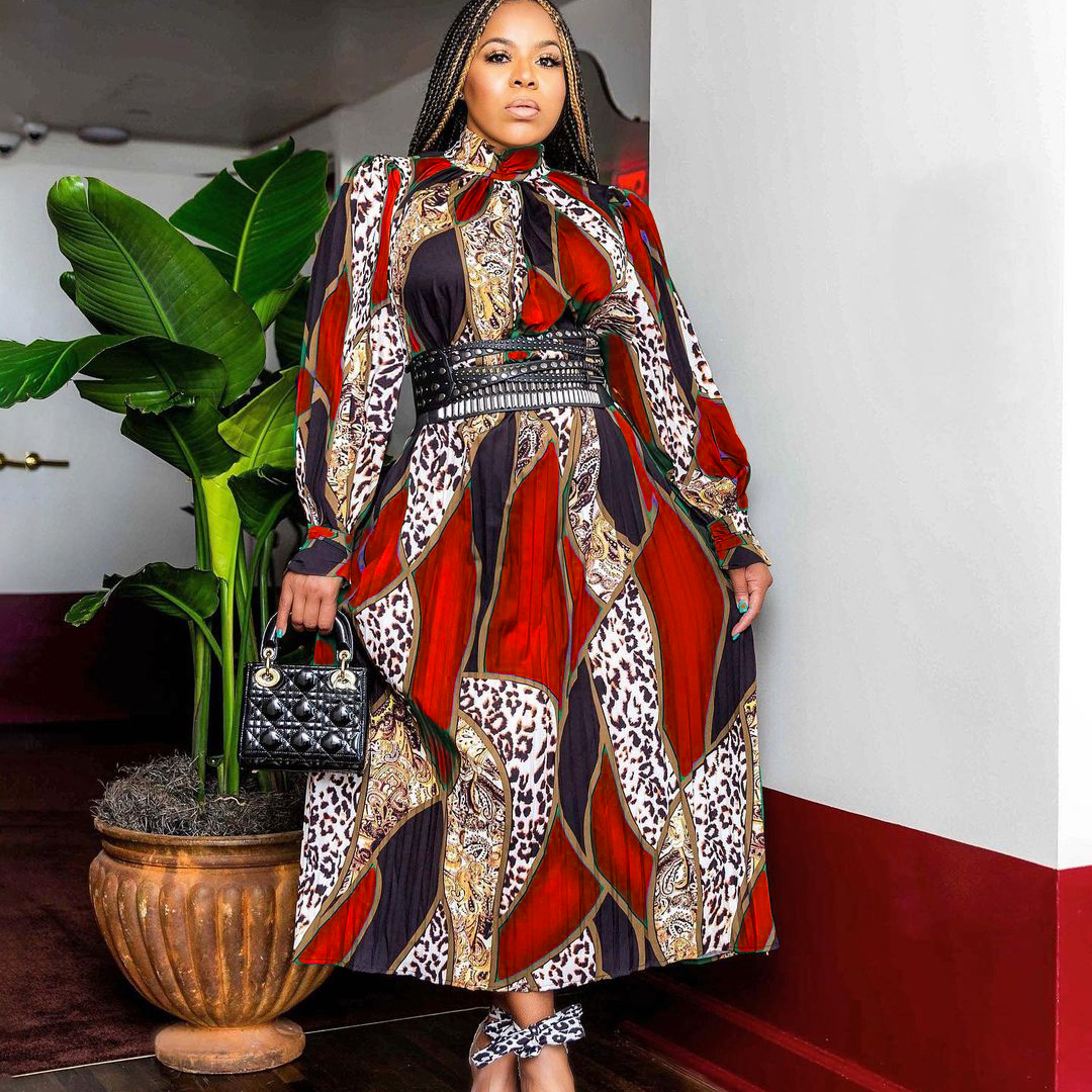 

2022 New Plus size long sleeves high waist pleated print European Elegant Woman Dress Sexy Office Lady Butterfly Sleeve Spring Ruffles Party Fashion JLD157, Red