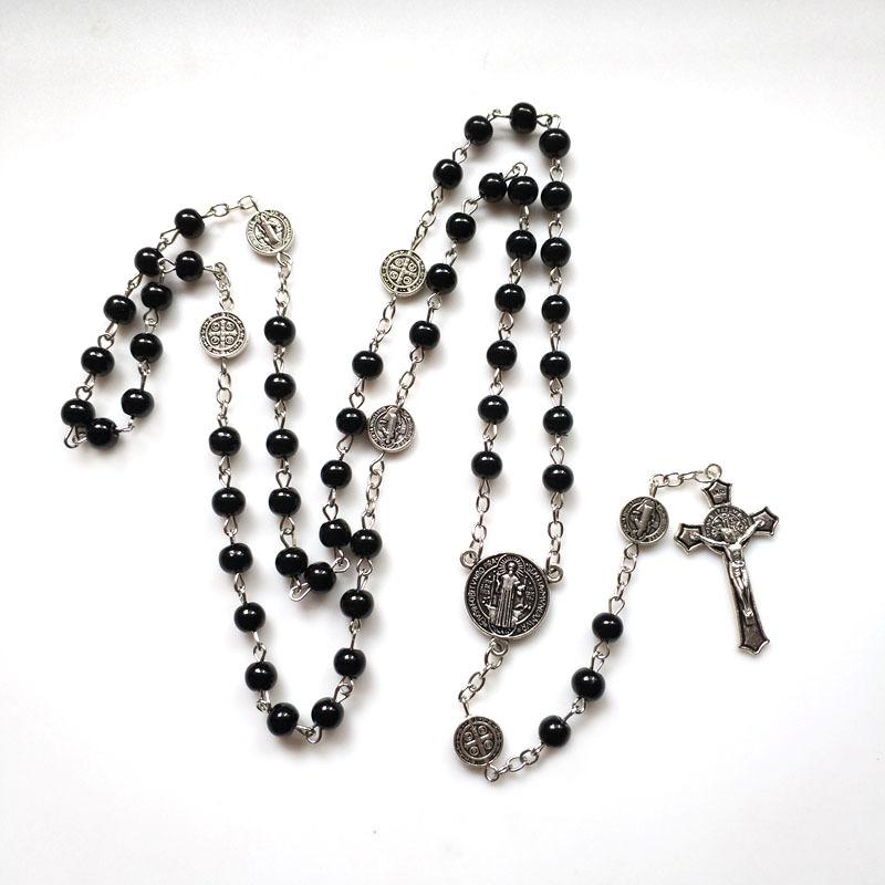 

Pendant Necklaces QIGO Black Glass Pearl Vintage Saint Benedict Cross Rosary Necklace For Men Women Long Religious Jewelry