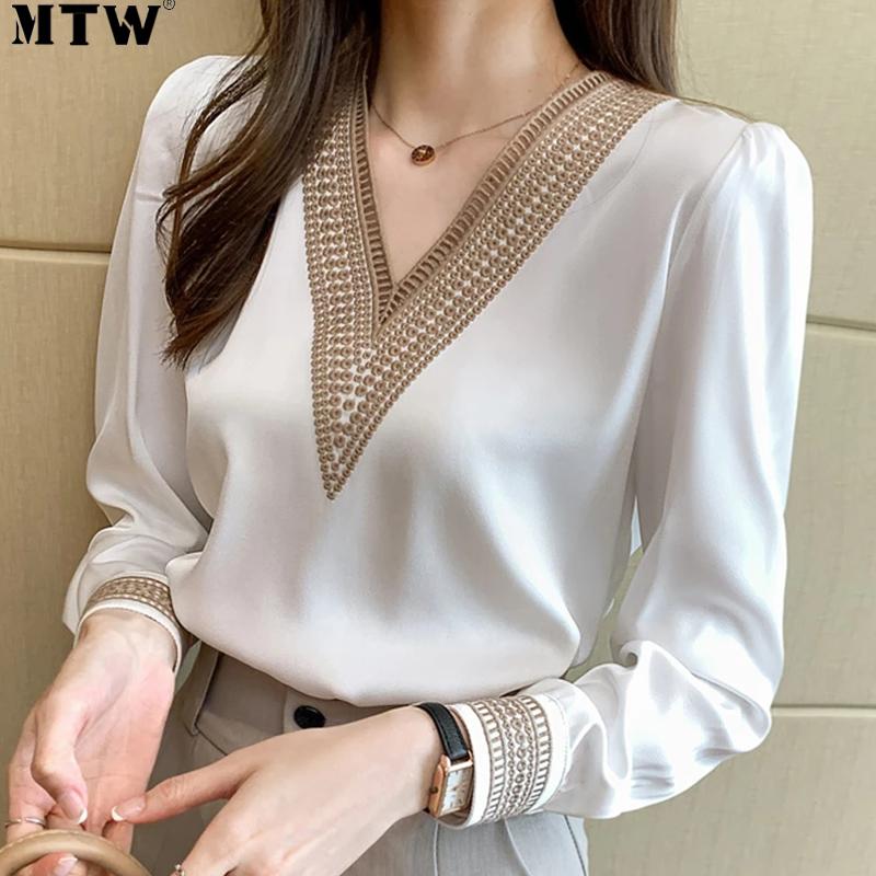 

Women's Blouses & Shirts 2022 Spring Summer Elegant Women Blouse Ladies Embroidery V Neck Chiffon Korean Vintage Office, White