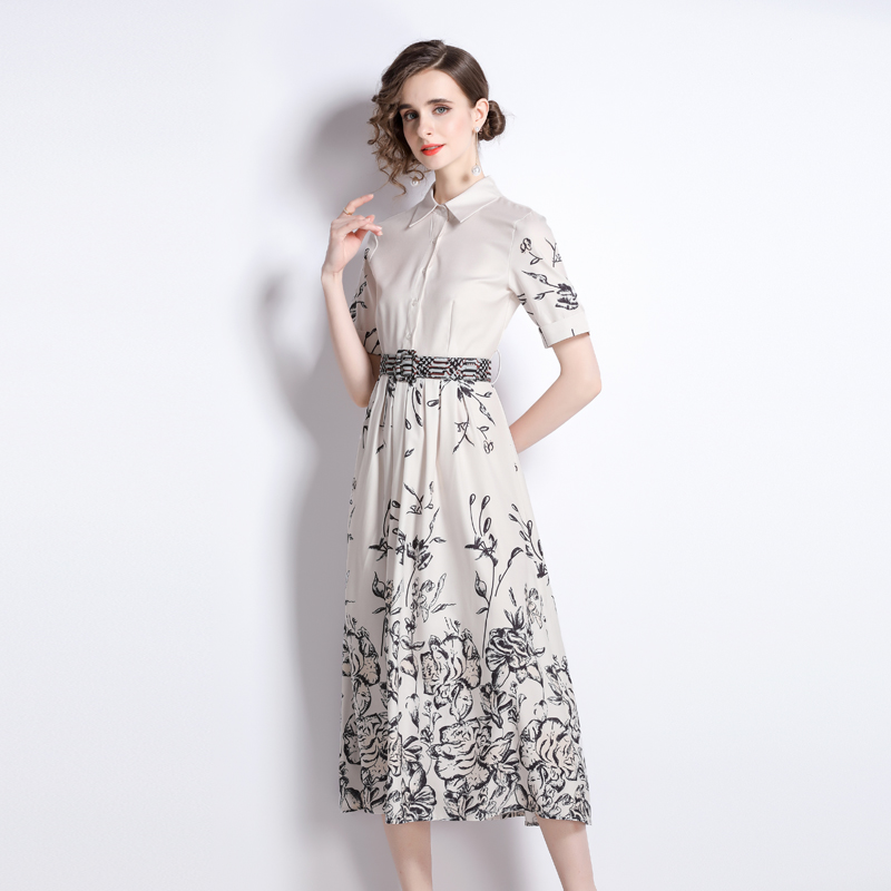 

2022 Floral White Summer Shirts Dress Short Sleeve Woman Designer Vintage Lapel Casual Loose Big Swing Dresses Vacation Women Clothes Runway Cute Slim A-Line Frock