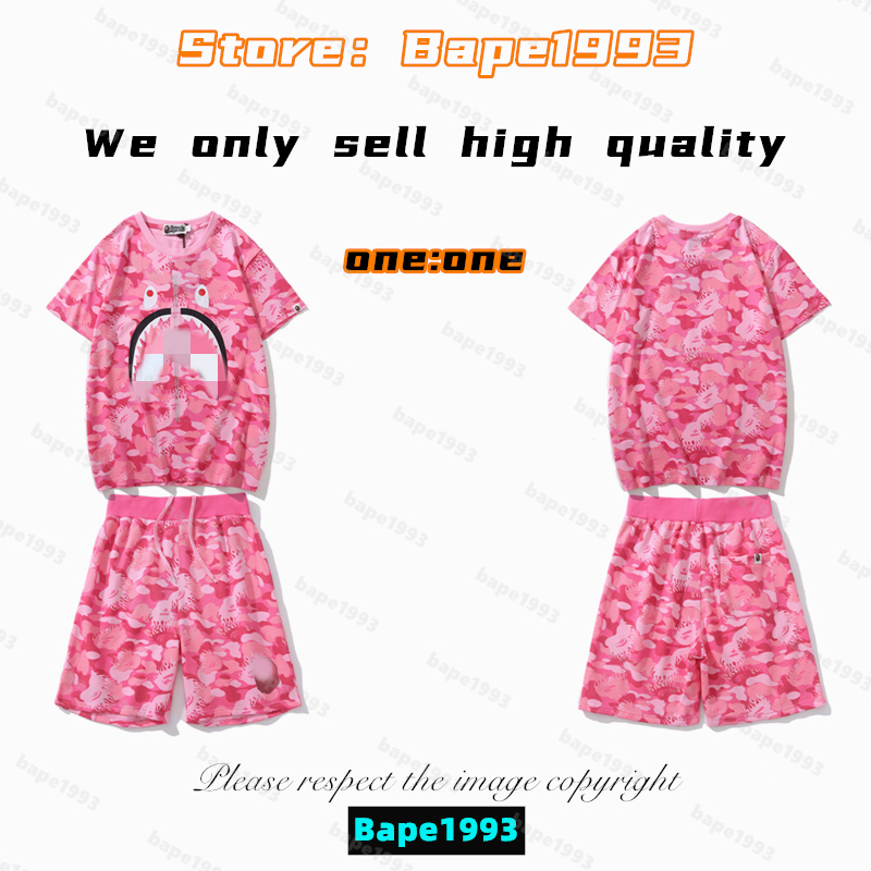 

High Quality Apes Mens t-Shirts & Shorts Sets Japan Shark ape head Galaxy spots luminous camo co-branded same style for men and women designer New tshirt set B1993 TZD1-12, 1 button