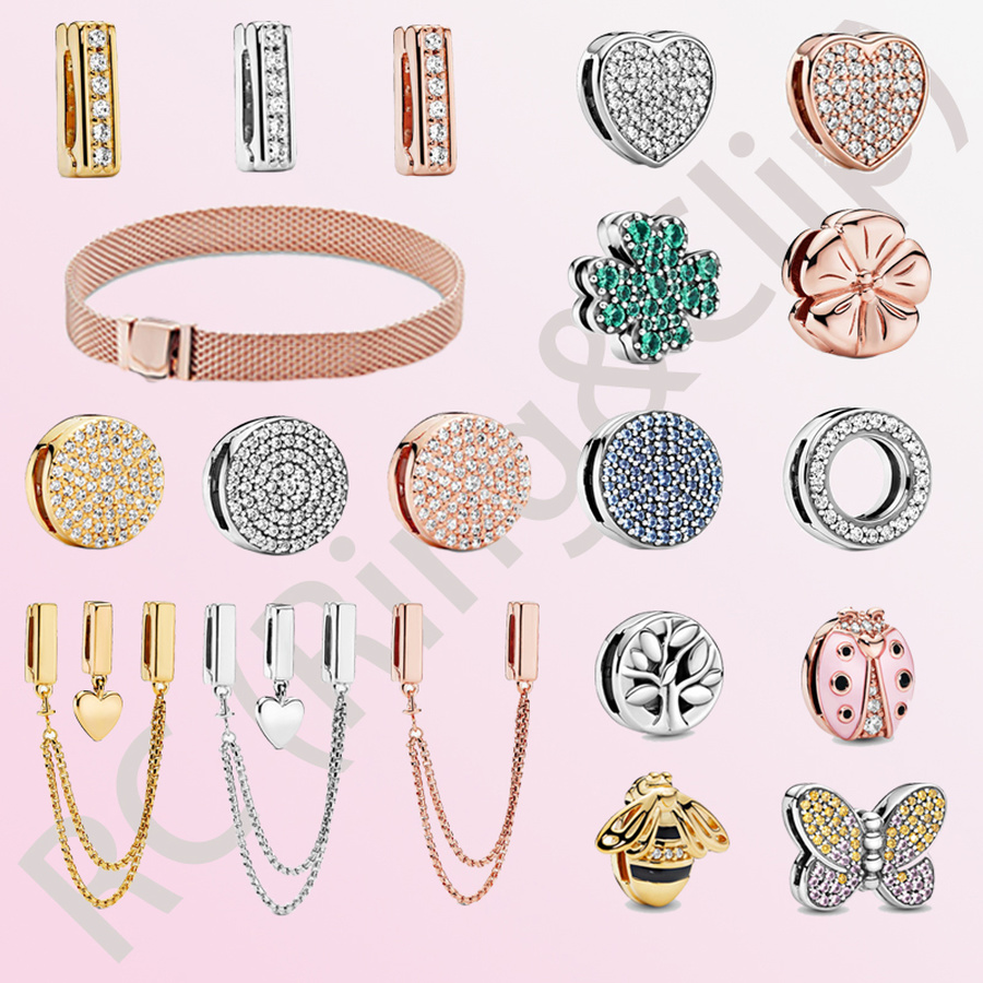 925 Sterling Silver Dangle Charm Timeless Sparkling Clip Charms Beads chain dangle rose gold bead Bead Fit Pandora Charms Bracelet DIY Jewelry Ac