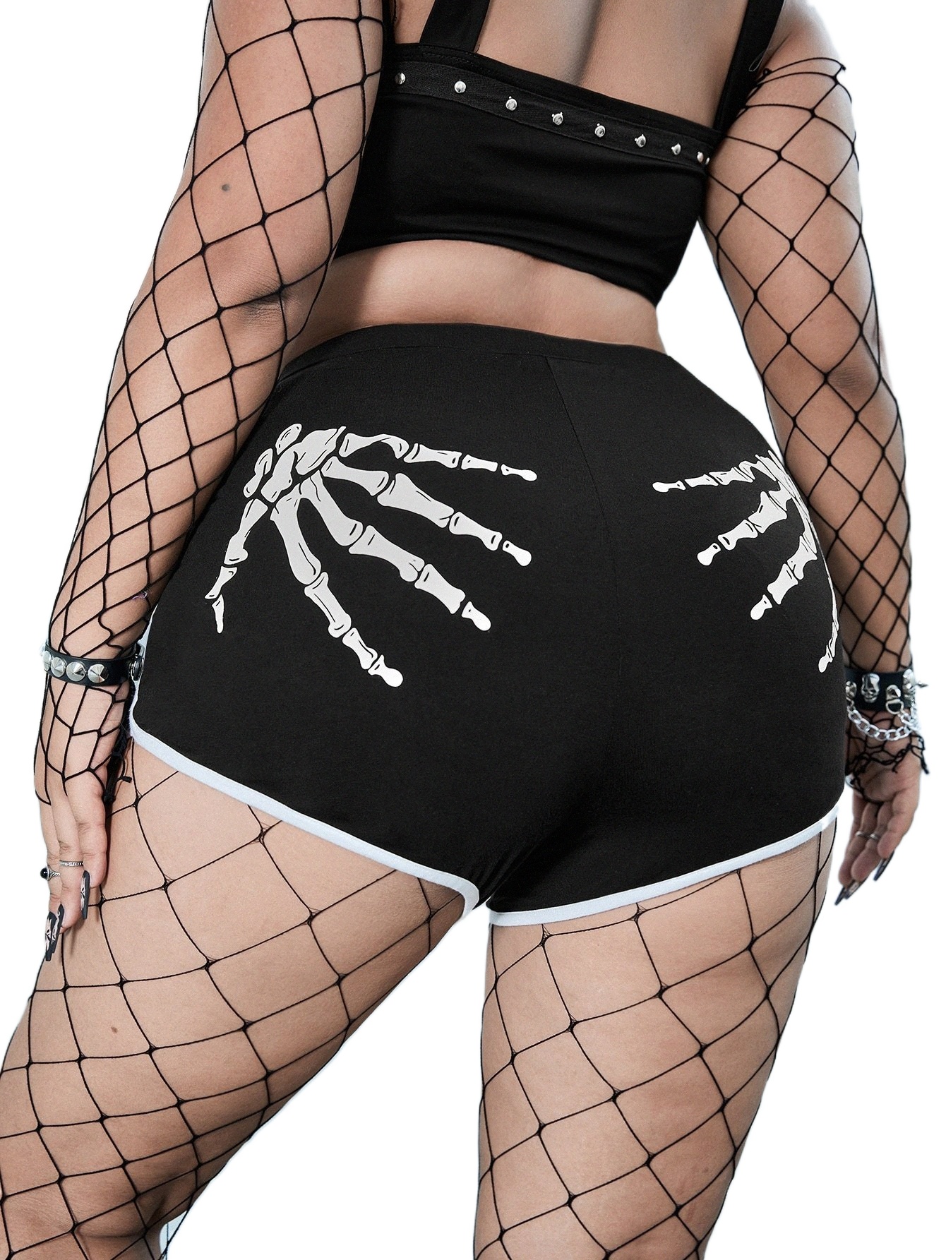 

plus Skeleton Hand Print Contrast Binding Shorts p06F#, Black