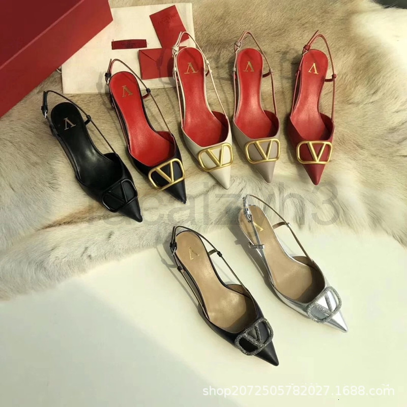 

Sandals designer V family summer pointed back high heel sandals women's metal V-button bag head diamond versatile single shoes women, 1# packing bag