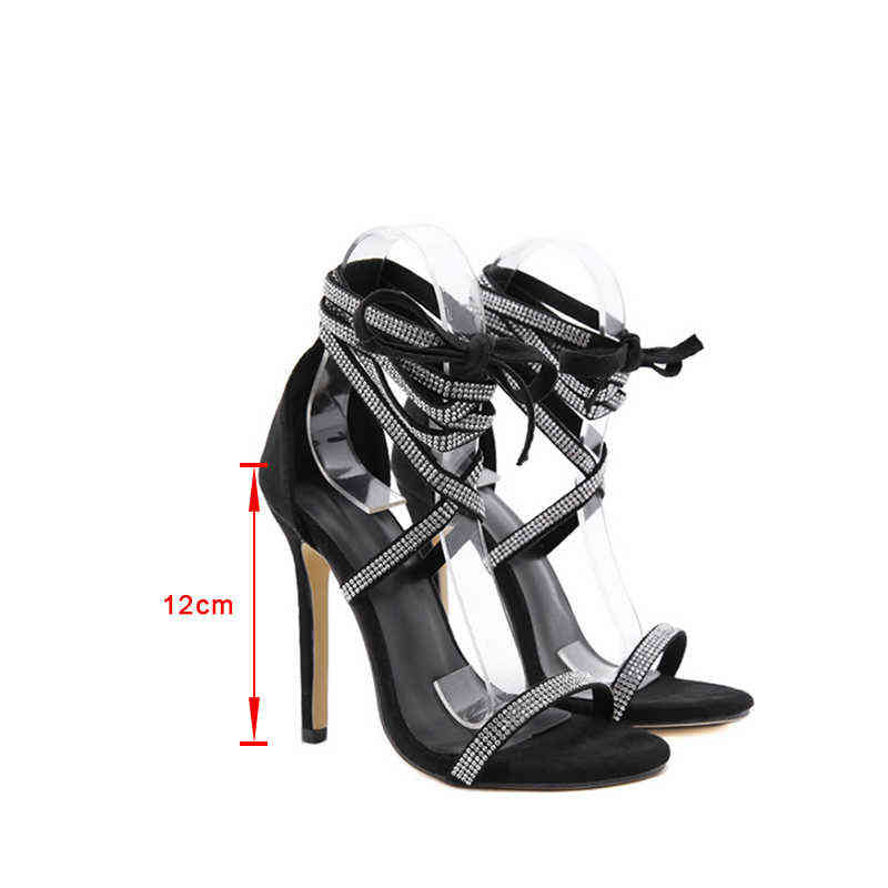 

Women Sandals Summer High Heel Cross Straps Stiletto Rhinestone Solid Females Shoes Flock Fashion Narrow Band Ladies Footwear 220609, 99bk