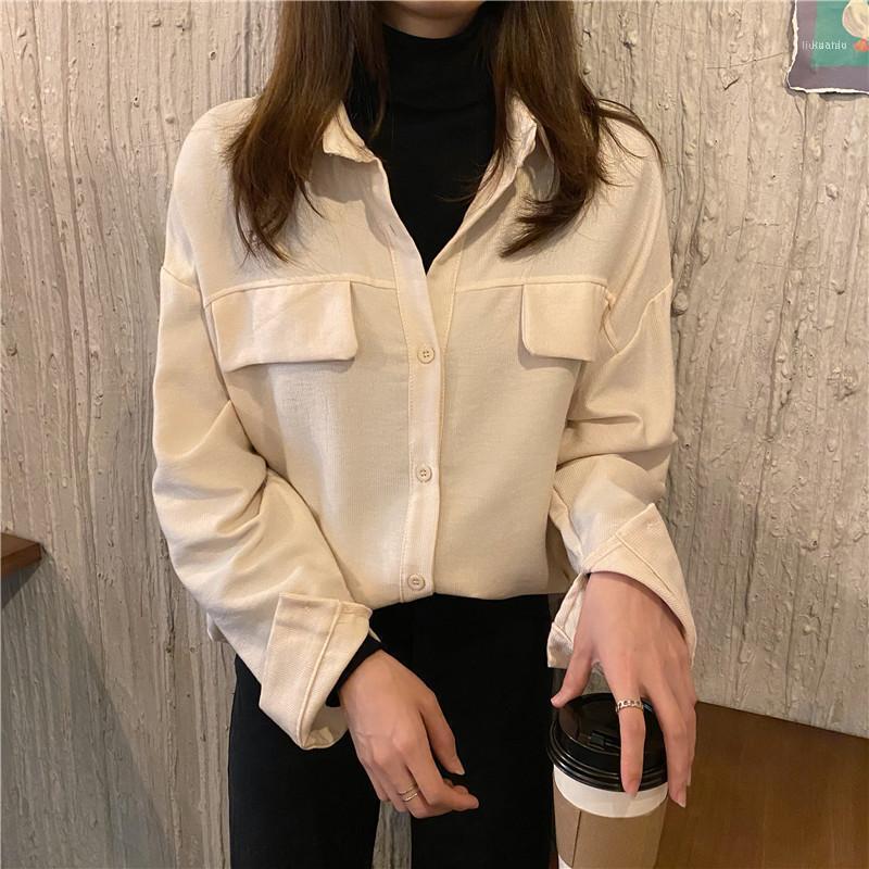 

Women's Blouses & Shirts Vintage Blouse Turn-Down Collar Loose Corduroy Shirt, Beige