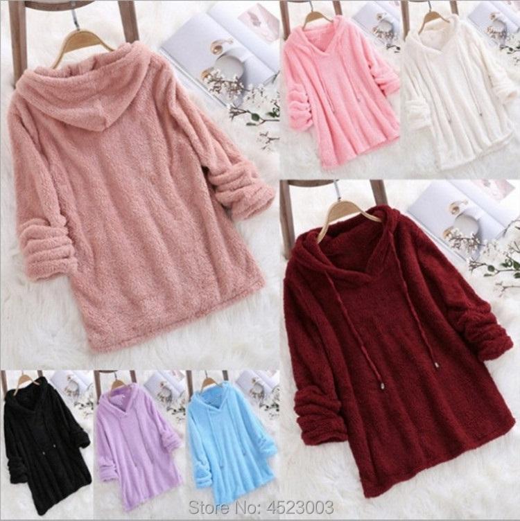 

Women' Hoodies & Sweatshirts Women Warm Solid Fluffy Pullover Autumn Winter Long Sleeve Plush Loose Tops, White