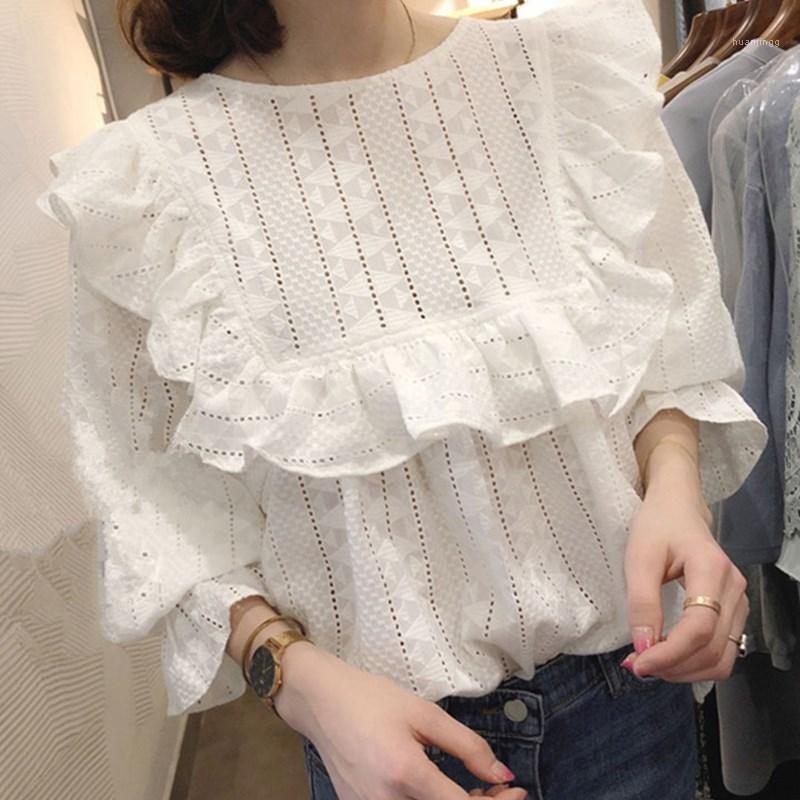 

Ruffles Lace Women Blouse 2022 Summer O-Neck Lantern Sleeved Loose Lady Elegant Pulls Outwear Tops Women' Blouses & Shirts, White