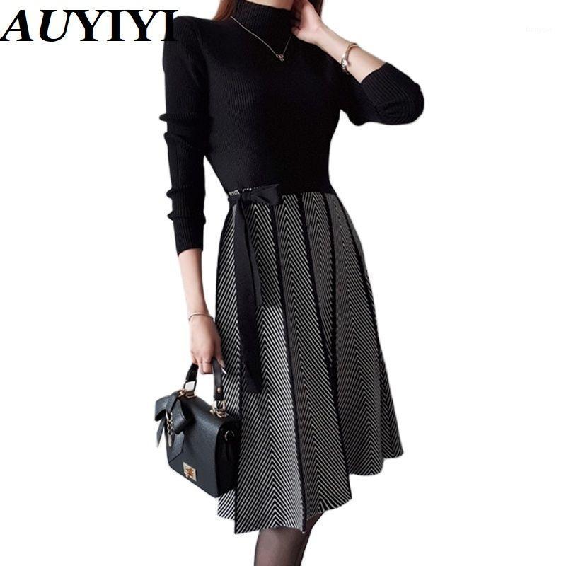 

Casual Dresses AUYIYI 2022 Autumn And Winter Korean Temperament Lace-Up Waist Knitted Stitching Large Swing Skirt Sweater Dress Somen, Black