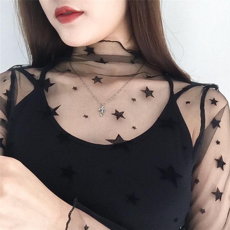 

Women's Blouses & Shirts Lace Transparent Tops Women Sexy Perspective Mesh Gauze Collar Trumpet Bottoming Shirt Girl Female Pullover Blouse, Black