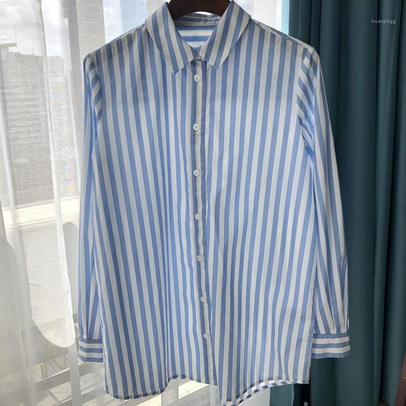 

Women Shirt Button Autumn Blue And White Stripes Long Sleeve Ladies Office Blouse Simple Casual Shirts Tops Women' Blouses