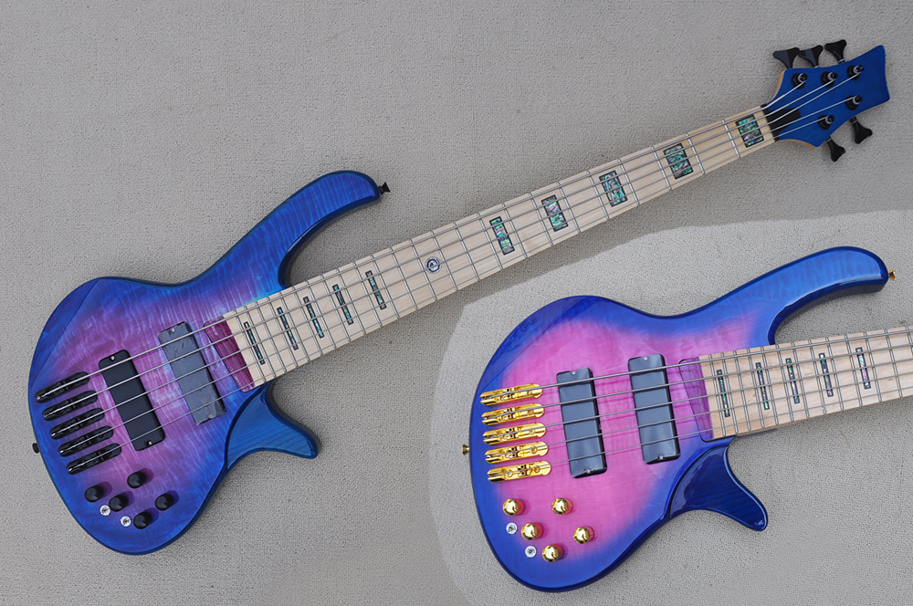 Factory Custom Purple Blue 5-String Electric Bass Guitar with Flame Maple Veneer Black Gold Hardwares Maple Fingerboard Alalone Fret Inlay Offer-image-762598138