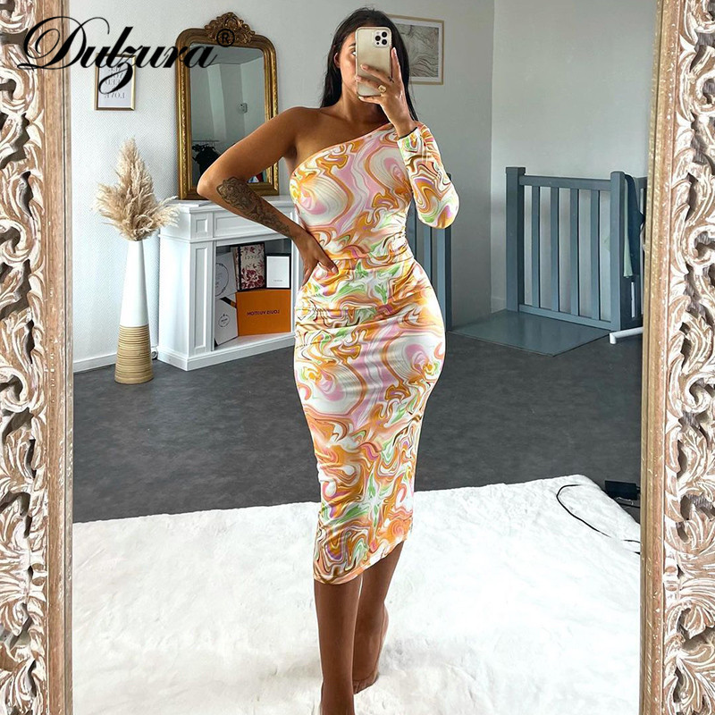 

Dulzura Tie Dye Print Women Long Sleeve One Shoulder Midi Dress Bodycon Sexy Streetwear Party Club Elegant Summer Clothes 220721, Yellow