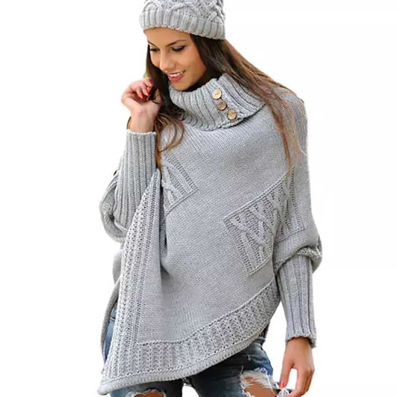 

sweater Thicken Loose Irregular Ponchos Shawl Turtleneck Long Sleeves for Women Poncho Knit Sweater, Lighr grey