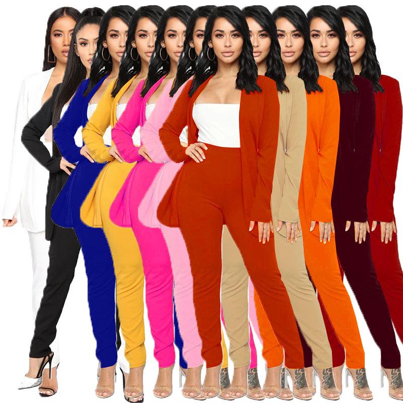 

Women' Two Piece Pants 2022 Casual Small Suit Two-piece Fashion Solid Color Long-sleeved Trousers Wear, Black