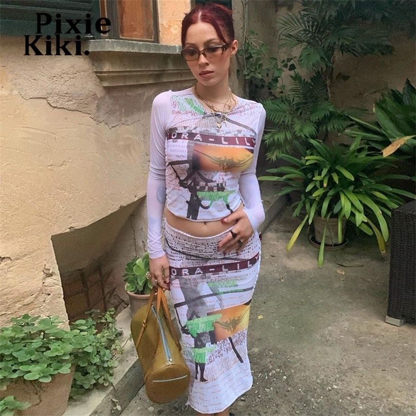 

PixieKiki Fashion 2 Piece Sets Womens Outfits Skirt and Top Y2k Aesthetic Abstract Printed Long Sleeve Dress Sets P85BI20 220816, White