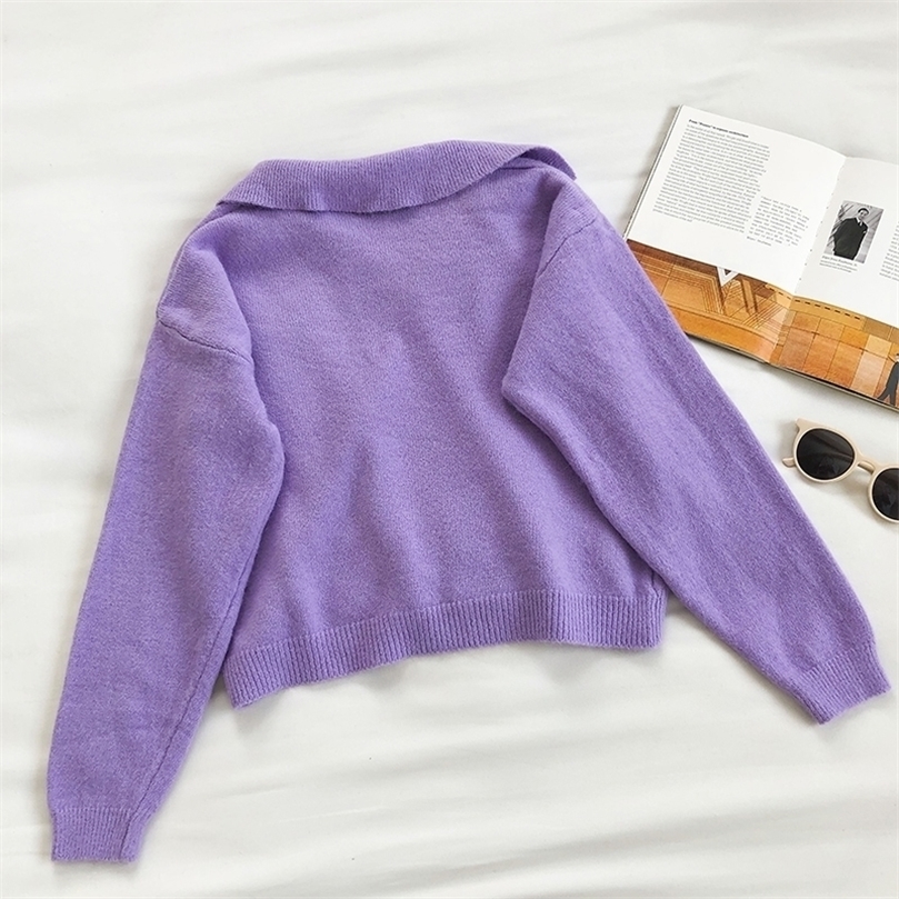 

Knit Sweater Autumn and Winter Korean Design Pocket Sweater Women's Loose Lapel Long Sleeve Pullover Full women clothes 201204, Purple