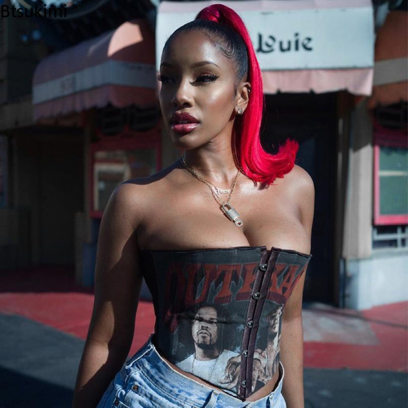 

Women' Tanks & Camis Women Grunge Punk Portrait Print Black Streetwear Sleeveless Backless Tube Hidden Button Corset Tops E Girl Goth Cloth