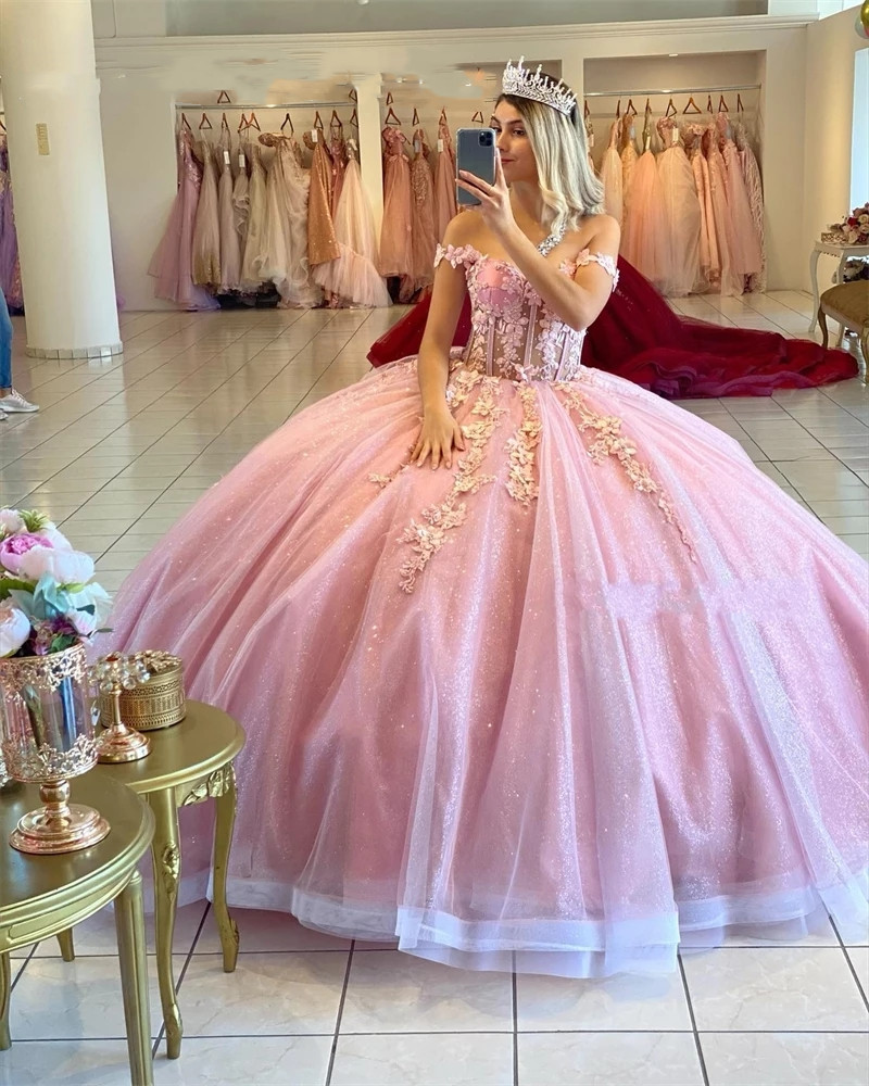 

2022 Princess Pink Off The Shoulder Quinceanera Dresses 3D Flowers Ball Gown Pageant Graduation Party Sweet 16 Vestidos De 15 Años, Light yellow
