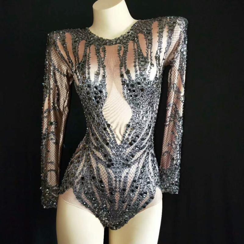 

Stage Wear Sparkly Black Crystals Nude Bodysuit Women Performance Outfit Costume Party Celebrate Glisten Rhinestones Leotard WearStage, As pic