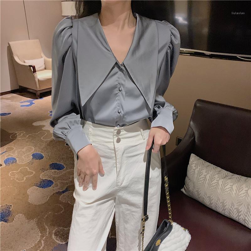 

Women's Blouses & Shirts GRUIICEEN Autumn Long Sleeve Lace Women Blouse V-neck Slim Short Top GY2022182, Blue