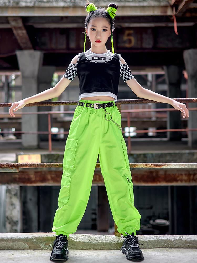 

Stage Wear Hip Hop Dance Costume Girls Tops Fluorescent Green Pants Jazz Performance Outfit Concert Rave Clothes Kpop Street BL8603Stage, Tops and vest