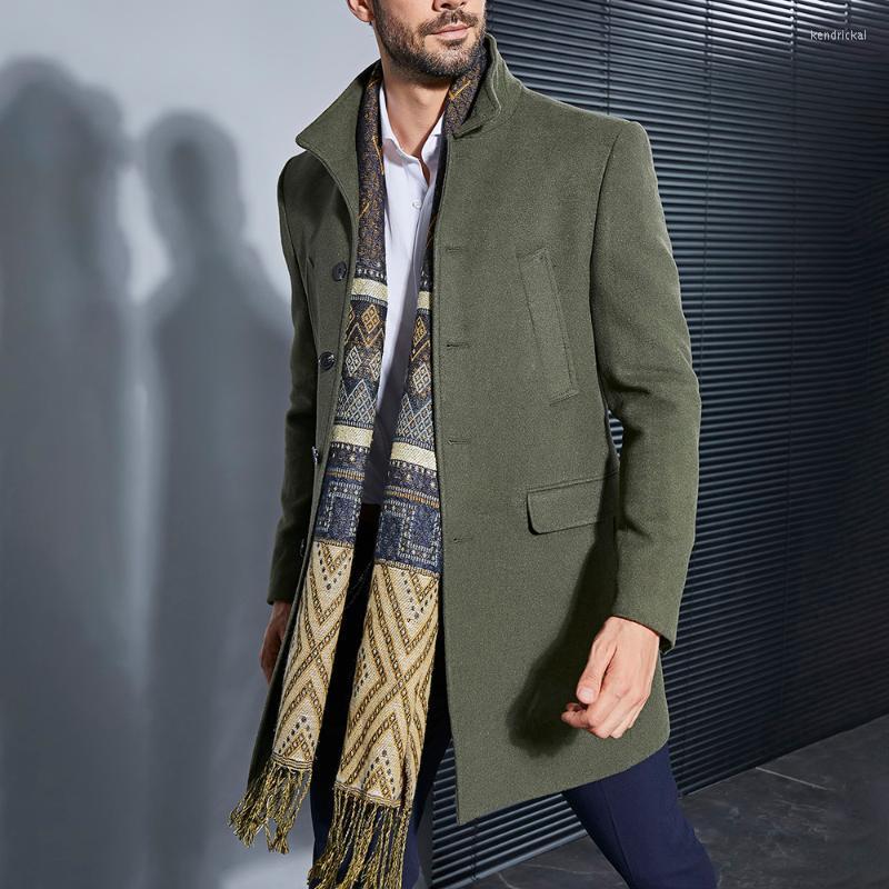 

Men's Wool & Blends Casual Solid Color Jacket Autumn Style Lapel Long-sleeved Mid-length Jackets Men Fashion Streetwear Coat Male Outwear Ke, Army green
