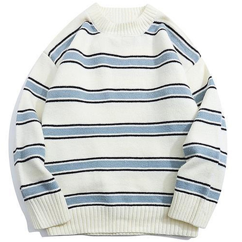 

Striped Harajuku Oversized Sweater Autumn Japanese Style Round Neck Spliced Color Loose Couples Hip Hop Knitted Sweater 220811