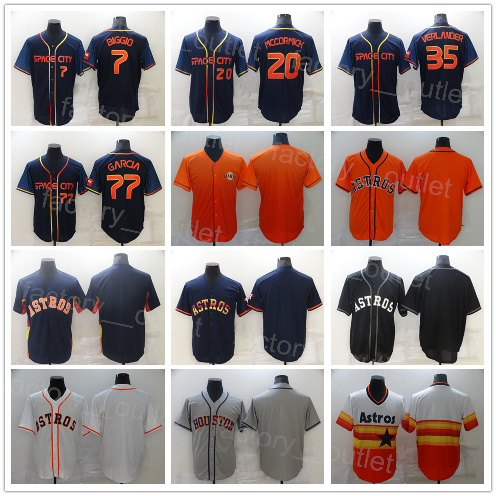 Men Space City Connect Baseball 77 Luis Garcia Jersey 20 Chas McCormick 35 Justin Verlander 7 Craig Biggio All Stitched Navy Blue Orange White Black