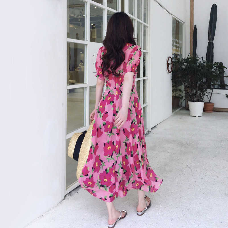 

Vintage Chiffon Print Dress For Summer Ladies Bohemian Beach Short Sleeve Midi Wrap Dresses Sundress Vestidos de festa 210608, Picture color