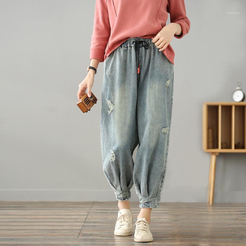 

Women's Jeans 2022 Spring Women Elastic Waist Loose All-match Denim Pants Casual Drawstring Hole Large Size Trousers, Black