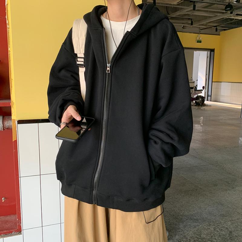 

Men's Hoodies & Sweatshirts Men Hip Hop Wild Sweatshirt Solid Color Zip-up Hooded Cardigan Streetwear Harajuku Pullover Casual Loose Fashion, Black