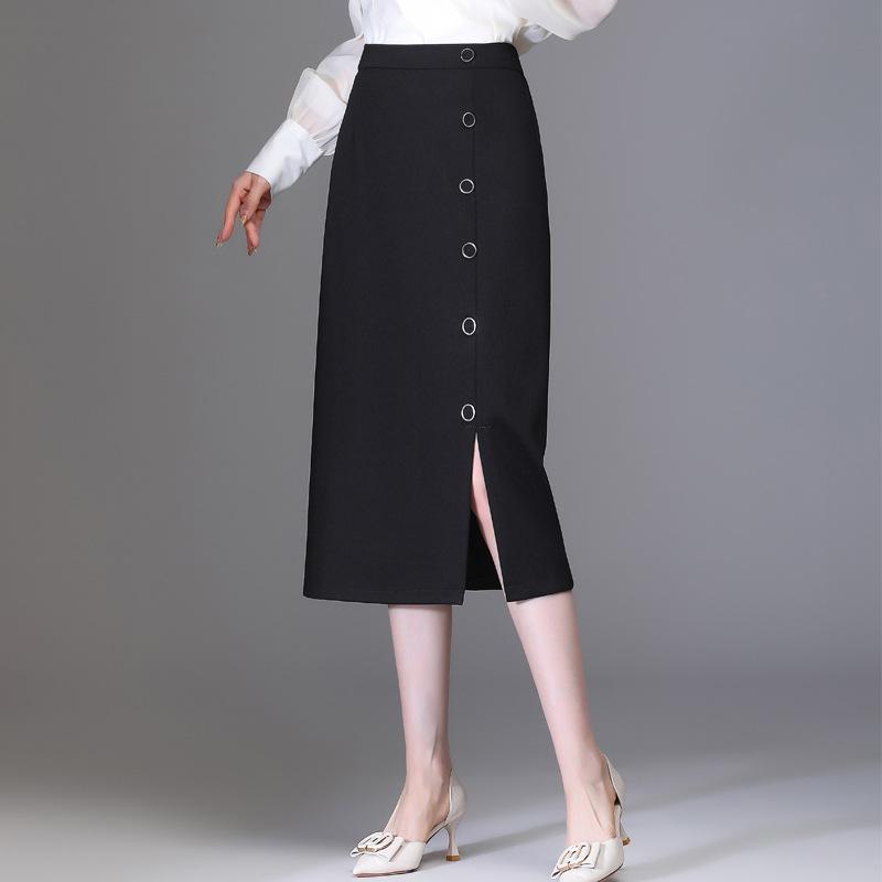 

Skirts Women Elegant Chic Straight Bodycon Skirt Autumn Winter Office Lady Elastic High Waist Slim Mid-long Black