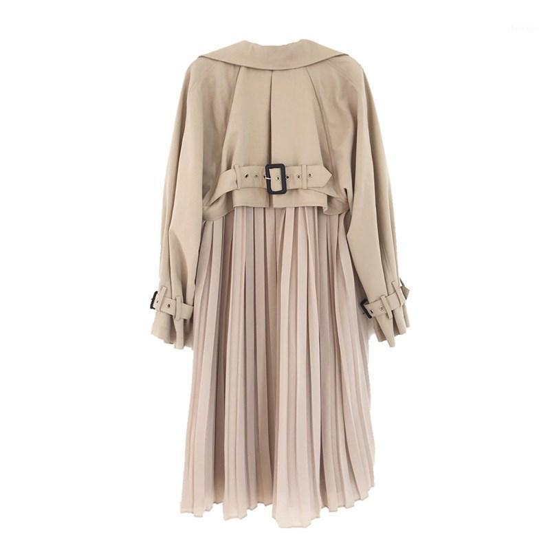 

Women' Trench Coats Women Windbreaker Spring Chic Long Female Chiffon Splice Pleated Overcoat Thin Loose Outwear, Blue