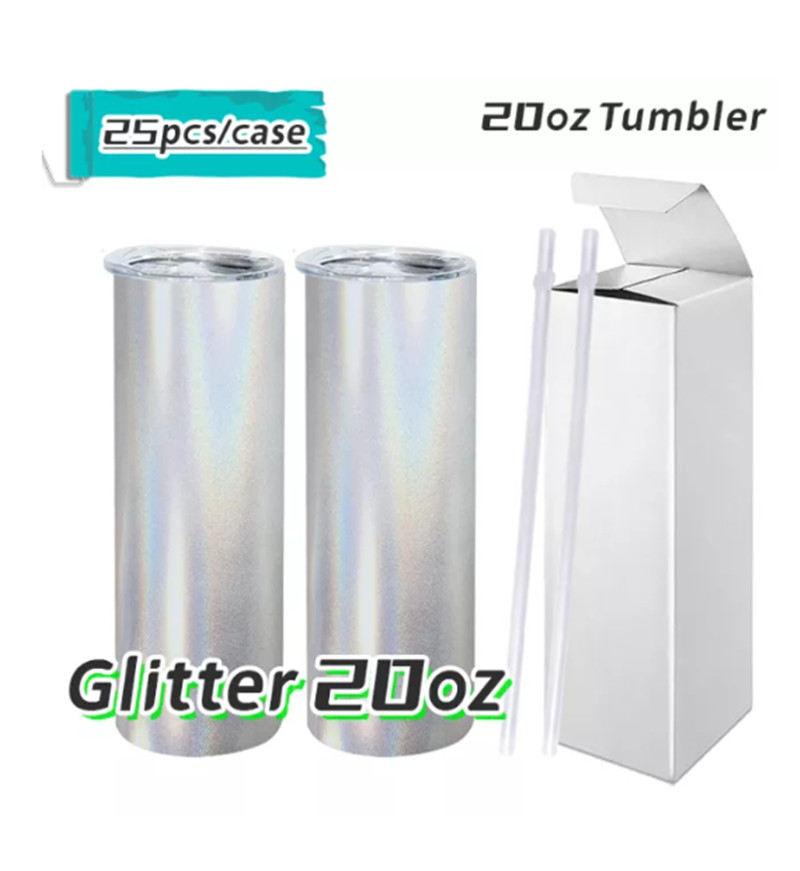 

local warehouse!!!20oz sublimation glitter white straight tumbler blank stainless steel sparkle bling cup with lid and straw(25pcs/carton)
