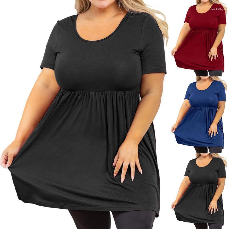 

Women's Blouses & Shirts Plus Size Summer Tops Women Casual Solid Color O Neck Tunic Blouse Female Swing Loose Lady Office Pullover Long Tee, Blue