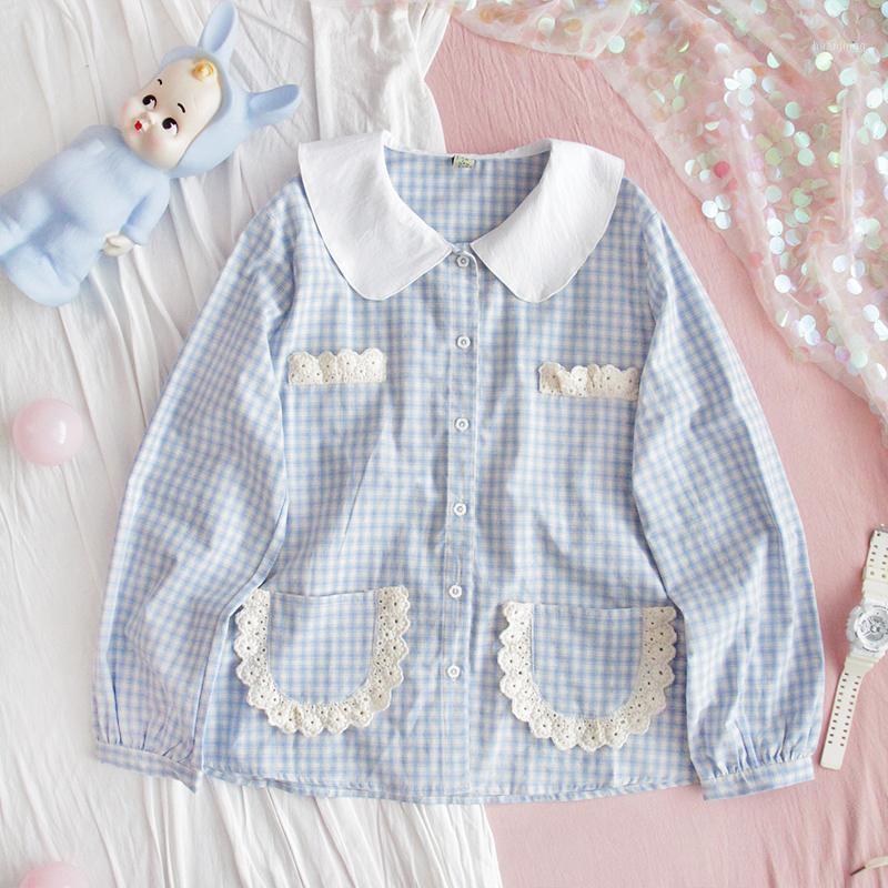 

Girls Cute Lolita Blouses Women Japanese Kawaii Shirts Harajuku Plaid Lace Soft Sister Adorable Fresh Retro Blusas Spring Summer Women, Blue