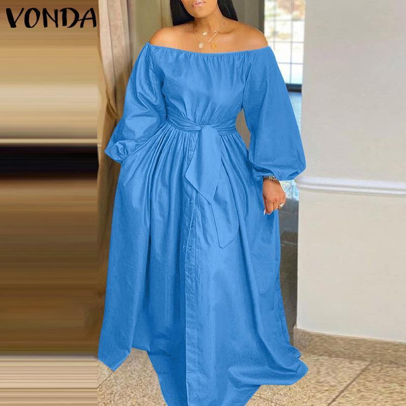 

Elegant Off Shoulder Dress VONDA Spring Sundress Women Solid Color Long Maxi Femme Casual Button Up Party Vestidos 220721, White