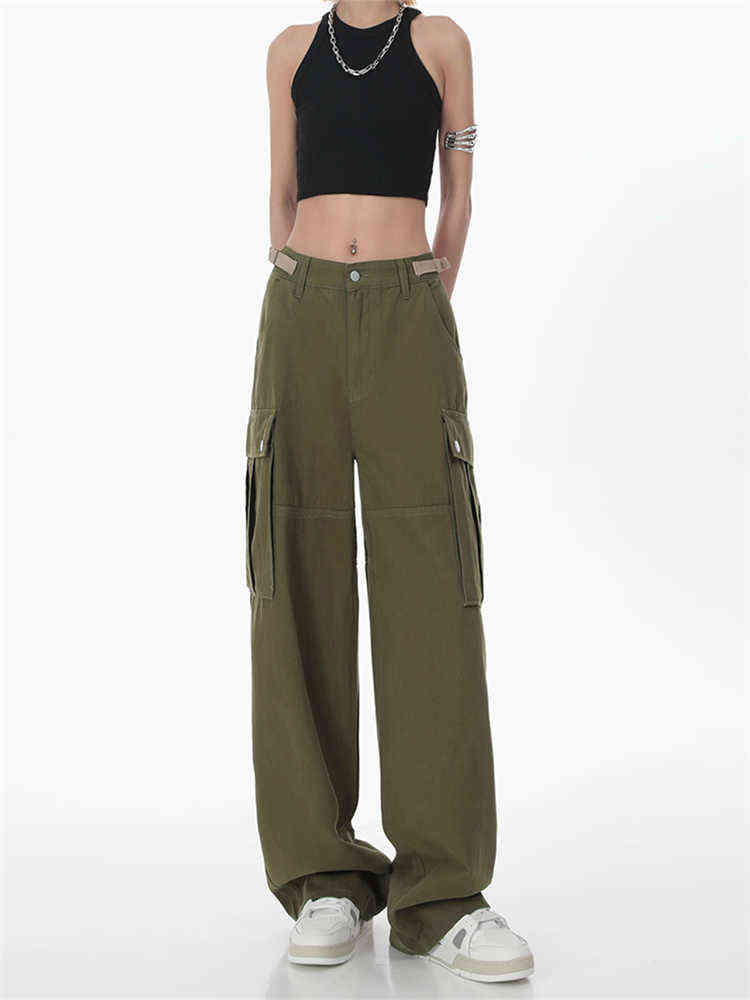 

Retro Streetwear Green Overalls Wide Leg Cargo Women Pants Women's Trousers Sexy High Waist Loose Casual Trousers Vintage Stre T220728, White