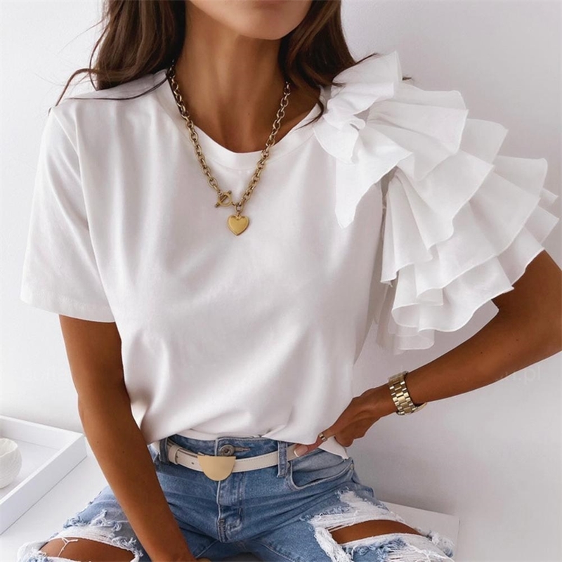 

Women Blouse Summer Elegant Solid Color Casual Loose T-shirt O Neck Ruffle Short Sleeve Pullover Female Tees Top Blouses W220409, Red