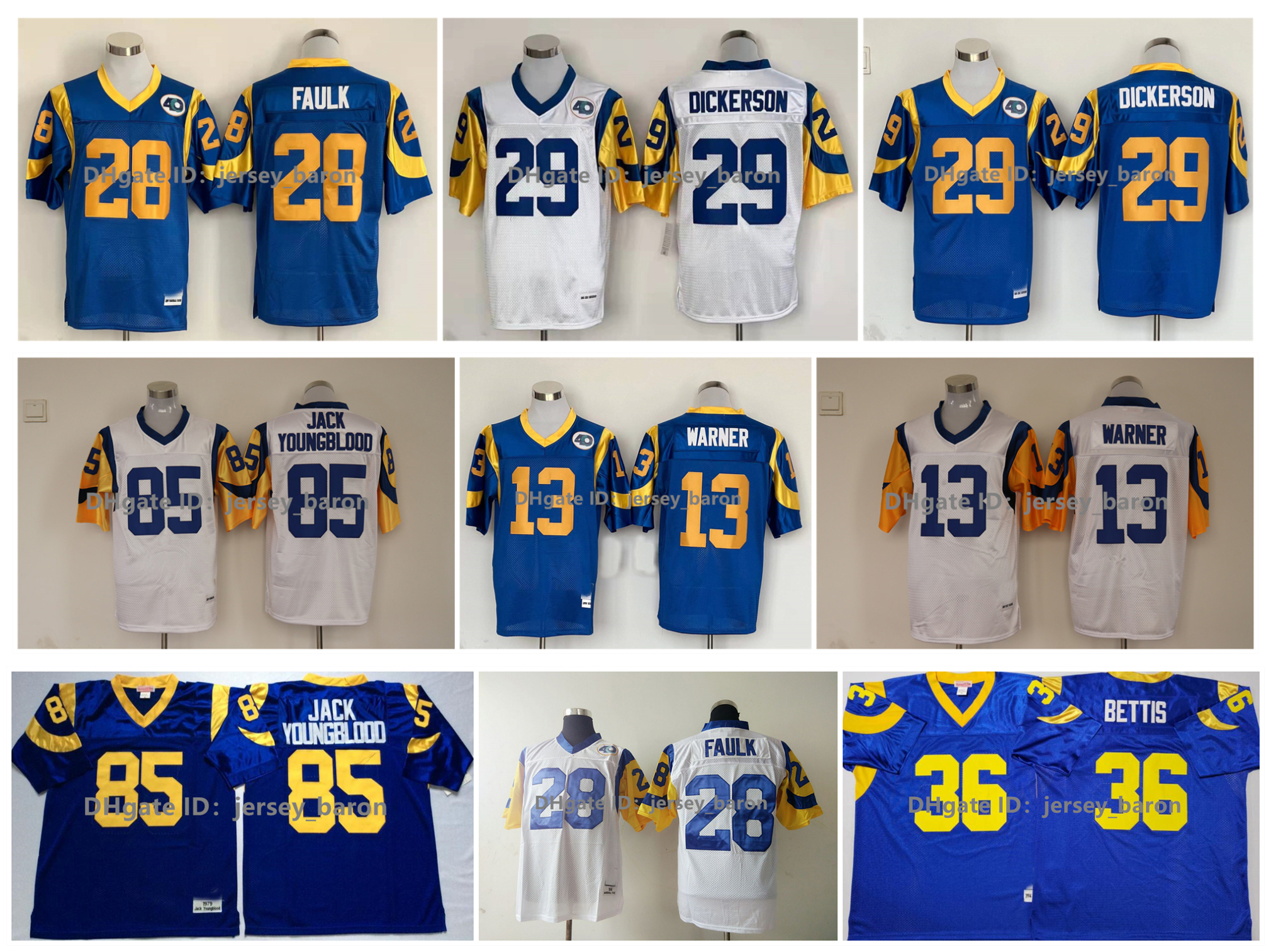 

Throwback Football Jersey Eric Dickerson Kurt Warner Marshall Faulk Jack Youngblood Deacon Jones Jerome Bettis M&N Blue White Size M, As pic