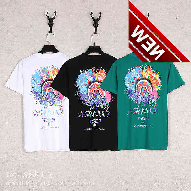 

Summer Youth Bap Shark Head Tide Cotton Round Neck T-shirt Short Sleeve Men's and Women's Wear, White