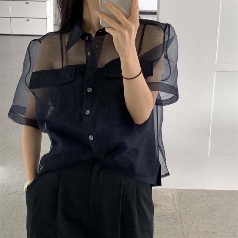 

Women's Blouses & Shirts HziriP 2022 Light Loose High Street Tops All Match Elegant Pure Color OL Sexy Short Sleeves Vintage Summer Mujer, Red