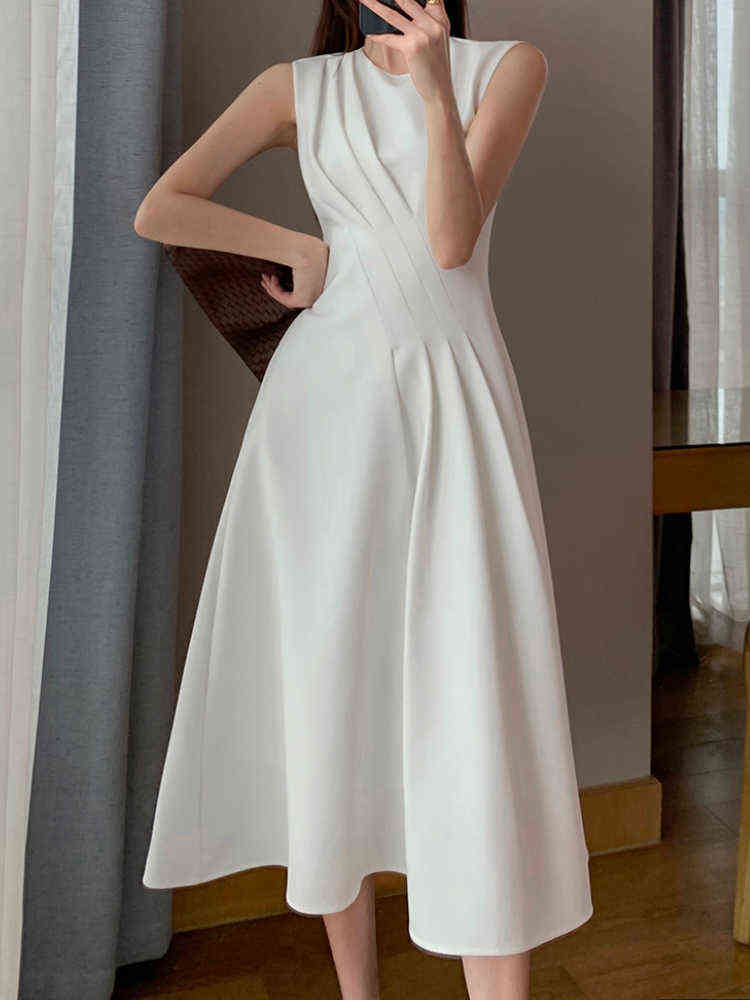 

Women' Summer Elegant Casual Midi White Dress Sleeveless A-Line Vintage Party Black Vestidos Female Fashion Outwear Sundress Y220401