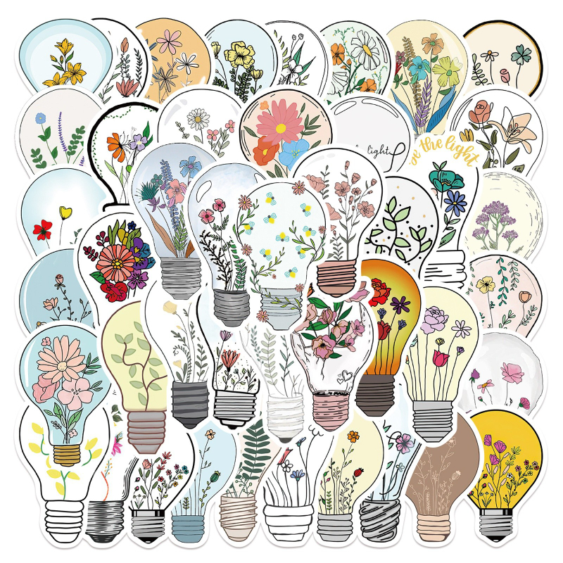 

50Pcs Cartoon Bulb Shaped Flower Stickers Bulb Vase Graffiti Kids Toy Skateboard Car Motorcycle Bicycle Sticker Decals, Multi colors